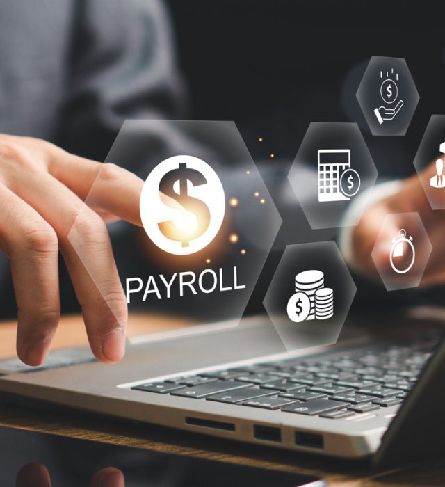 Payroll Management and Financial Processing System. payment of salaries to employees. Businessman works on payroll management with icons for payment, scheduling, and efficient payroll operations.