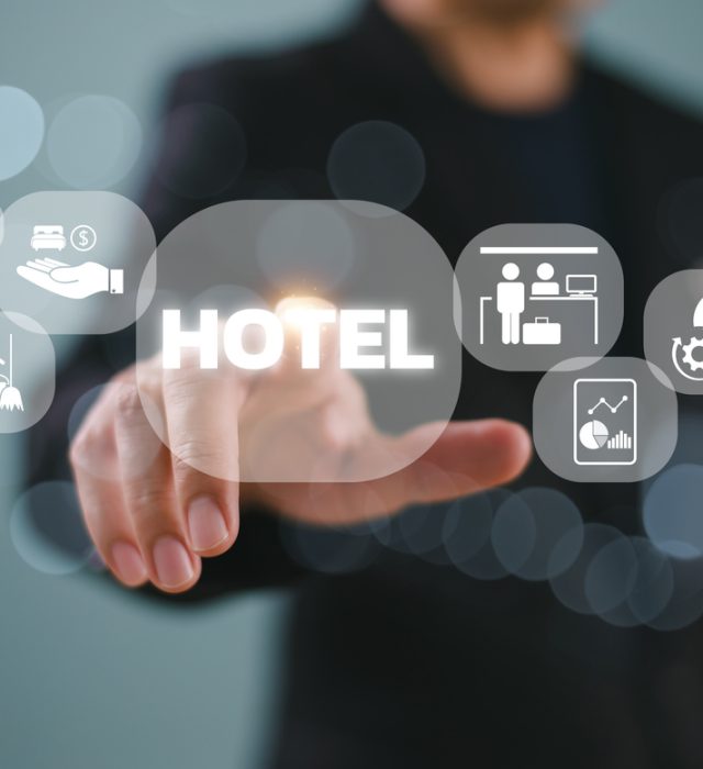 Hotel hospitality management service concept. Digital network business technology solution. Fintech plan stock market. Businessman use computer, Property Management System. Investment icon software